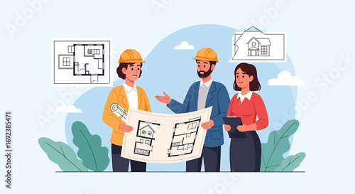 Team of architects and engineers in hard hats collaborating on a residential house blueprint. EPS Editable