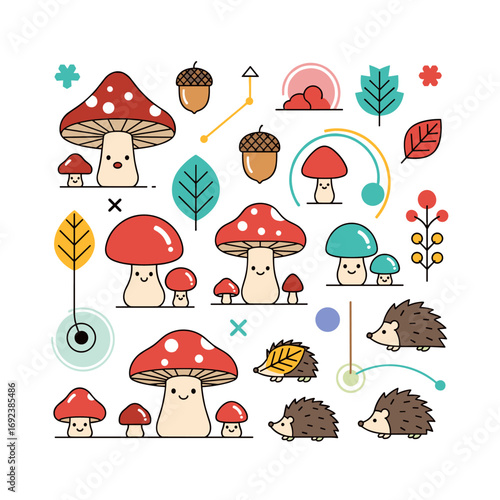 Whimsical forest creatures and fungi a delightful collection of cute mushrooms and adorable hedgehogs for childrens designs