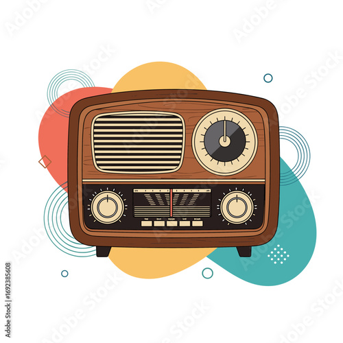 Vintage wooden radio with classic analog tuner and decorative abstract background elements representing sound waves and music