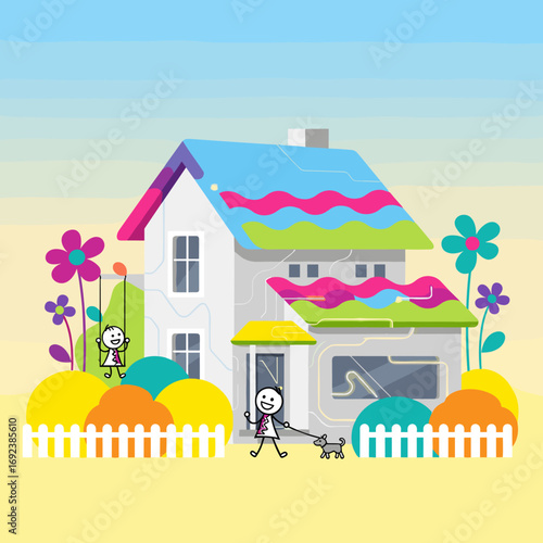 A whimsical cartoon house with colorful decorations and a family enjoying the outdoors
