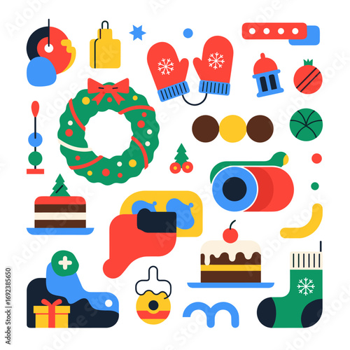 Festive holiday elements collection with winter season symbols and gifts