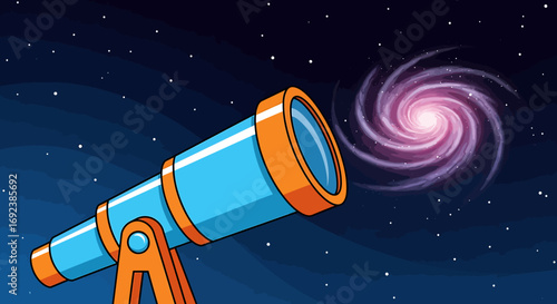 Vibrant blue and orange cartoon telescope with a large lens mounted on a tripod. EPS Editable