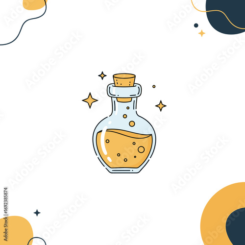 Magical elixir potion bottle filled with sparkling golden liquid and stars around for fantasy and alchemy theme