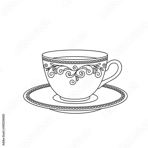 Elegant vintage porcelain teacup and saucer with intricate swirling floral decorative patterns