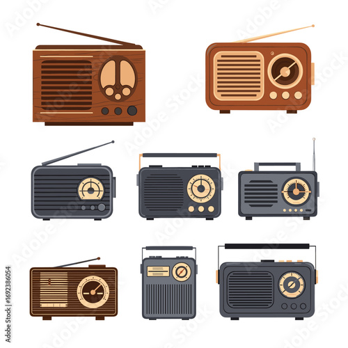 Collection of vintage style radios with retro design elements and classic antennas showcasing nostalgic audio devices
