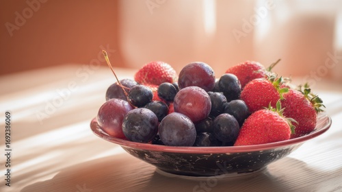 Colorful array of fresh fruits on a wooden table, highlighting the natural beauty and vitamin-rich freshness.