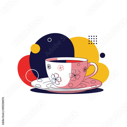 Abstract beverage presentation with floral cup and saucer on geometric background