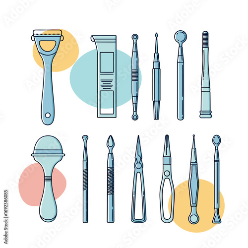 Collection of dental instruments for oral hygiene and professional care procedures