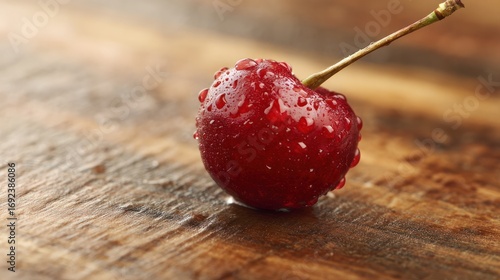 A fresh cherry with droplets of water, highlighting its sweetness and natural appeal on a dark surface.