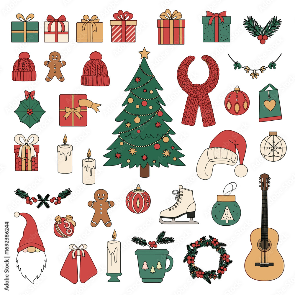 Fototapeta premium Collection of festive winter holiday objects and decorations representing christmas and new year celebrations