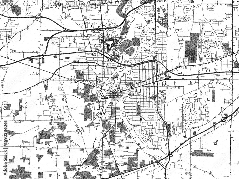 Fototapeta premium Monochrome sketch map of Elyria, Ohio, highlighting roads, rivers, and urban design.