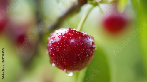Close-up of a fresh cherry with water droplets, resting on a rustic wooden surface, highlighting its natural shine.