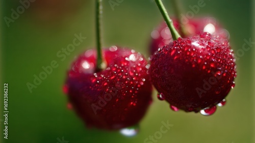 A single ripe cherry with water droplets, glistening on a wooden table in vivid detail.
