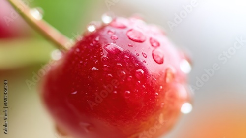 A single cherry glistens with water droplets on a wooden surface, captured in striking detail.