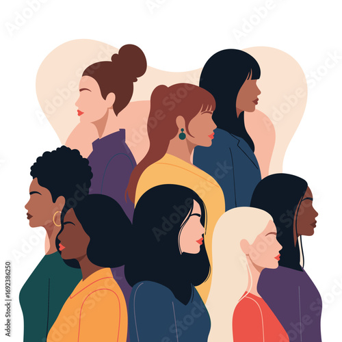A diverse group of women standing together celebrating unity and strength in a collective effort