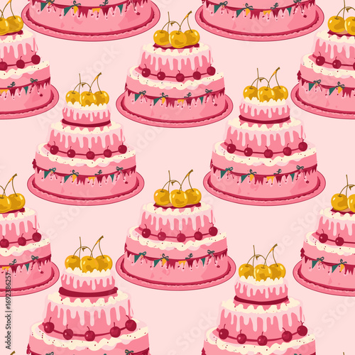 Charming pink three tiered celebration cake with cherries and garland decorations seamless pattern