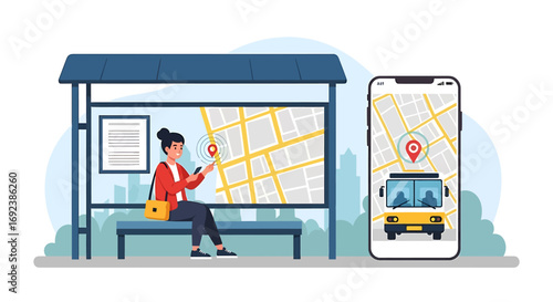 Woman at a bus stop using a smartphone app for realtime bus tracking with a city map. EPS Editable