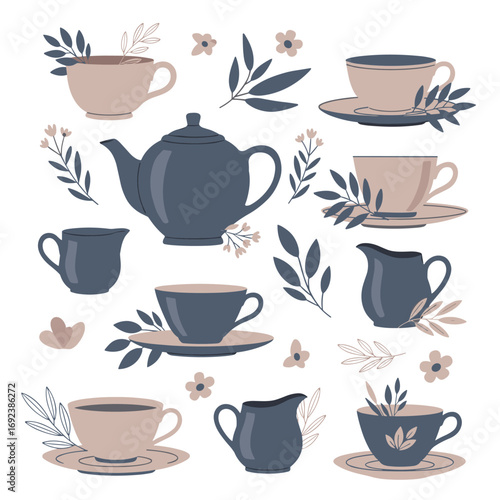 A charming collection of vintage ceramic tea cups saucers and creamers adorned with delicate floral accents