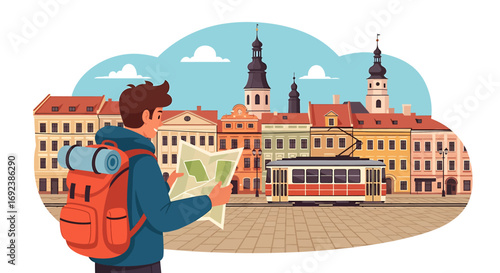 Young male backpacker with an orange rucksack studies a map in a historic European city square with a tram. EPS Editable