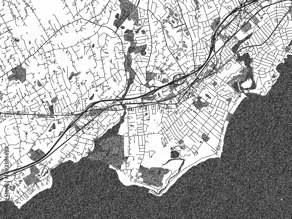 Obraz premium Black and white map of Fairfield, Connecticut, designed in a digital hand-drawn style, highlighting roads, parks, and rivers.