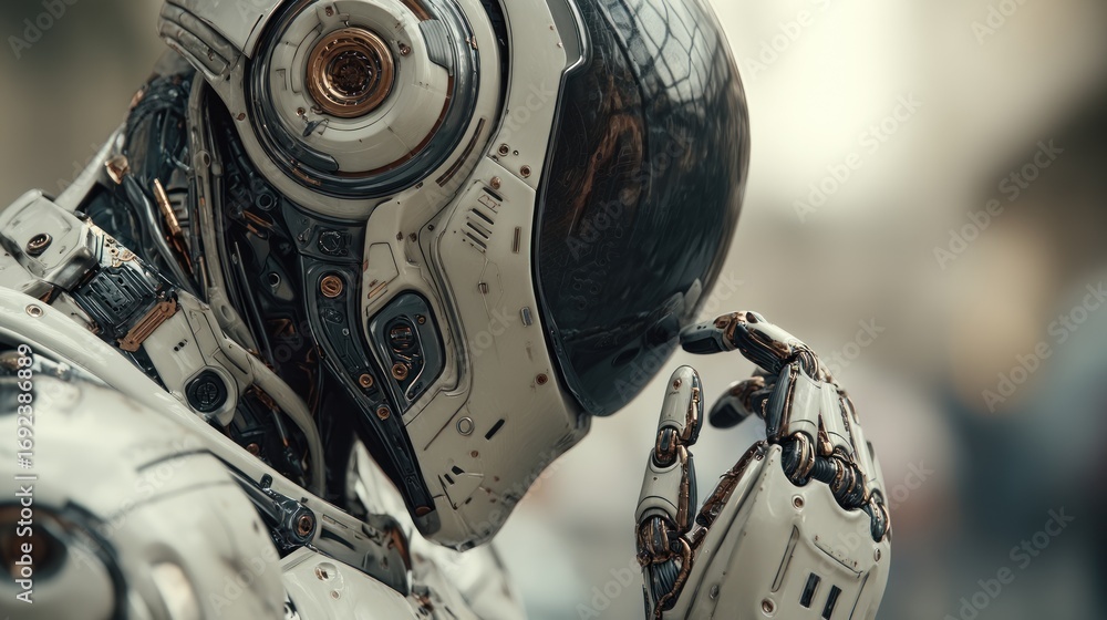 Fototapeta premium Thoughtful android pondering existence in a futuristic world portrait art