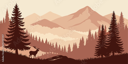 Nature vector background with pine mountains, forest trees, deer silhouettes, and natural wilderness landscape.