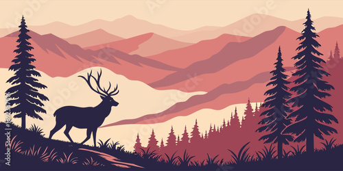 Pine mountain scenery vector illustration with forest trees, deer silhouettes, and natural wilderness environment background.