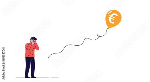 A man watches sadly as a balloon with a euro symbol floats away into the sky