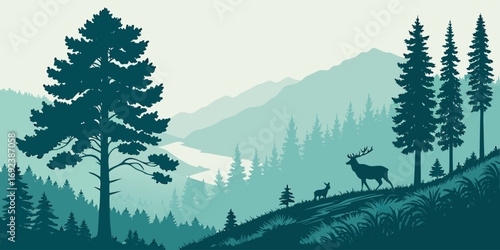 Vector mountain forest scene with blue peaks, tree outlines, deer silhouettes, and tranquil natural wilderness background.