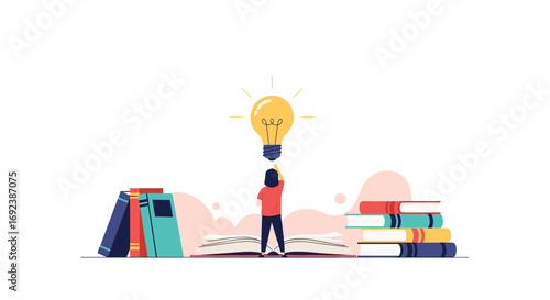 A person reaches for a bright idea above a stack of books symbolizing knowledge and learning