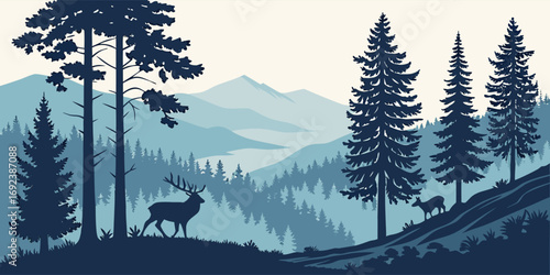 Nature vector concept with blue mountains, tree silhouettes, forest wildlife, and silhouettes of deer in wilderness.