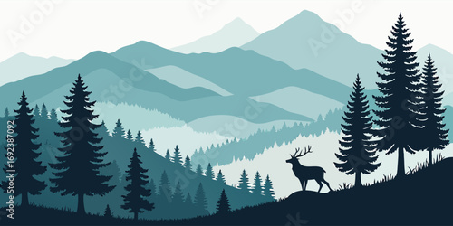 Scenic vector drawing of forest environment, blue mountain silhouettes, tree outlines, and wild deer in wilderness.