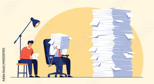 Overwhelmed office worker drowning in paperwork and tasks by a towering stack of documents
