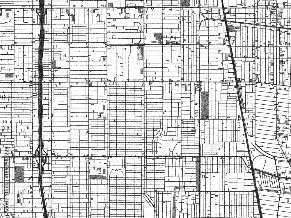 Fototapeta premium Artistic city map of Florence-Graham, California, created in hand-drawn black and white for editorial or decorative projects.