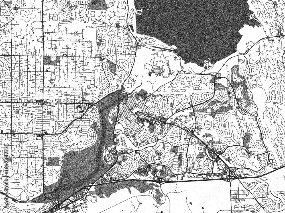Naklejka premium Black and white sketch-style map of Folsom, California, designed digitally with fine details and bold textures.