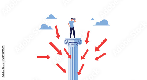 Man standing on column looking into distance surrounded by red arrows pointing inwards