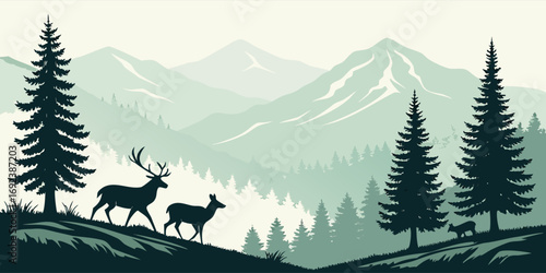 Blue mountain landscape vector design with pine tree forest, deer silhouettes, and wilderness natural wildlife scenery background.