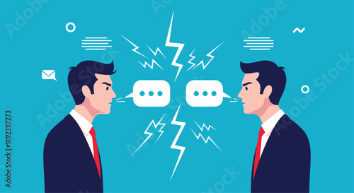 Two businessmen engaged in a heated discussion with communication symbols between them