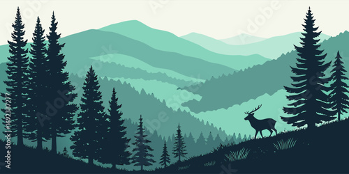 Vector landscape featuring blue mountain range, dense green forest, tree silhouettes, and wild deer roaming natural wilderness.