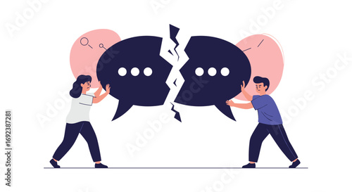Two people holding broken speech bubbles symbolizing communication breakdown conflict argument misunderstanding
