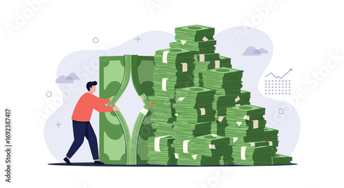 Man opens curtains revealing giant mountain of money stacks financial growth concept