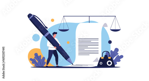 Legal agreement document signing and justice scales illustration flat design concept