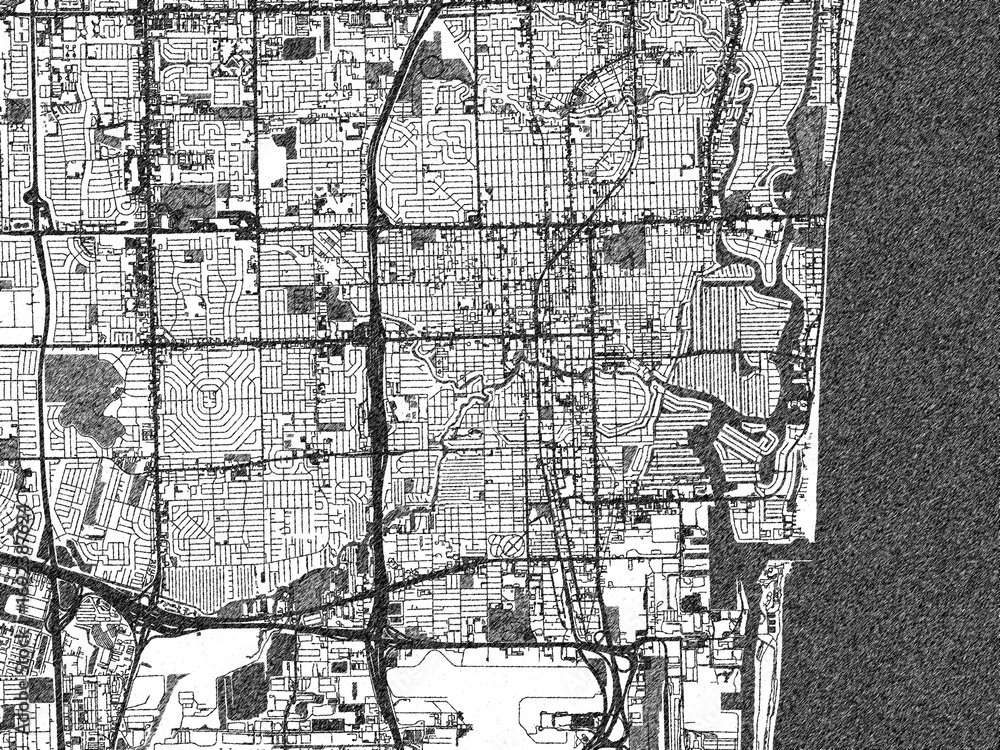 Fototapeta premium Poster-ready illustration map of Fort Lauderdale, Florida, in black and white hand-drawn style.