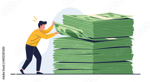 Person stacking large piles of cash adding the last bill to the top of the money tower