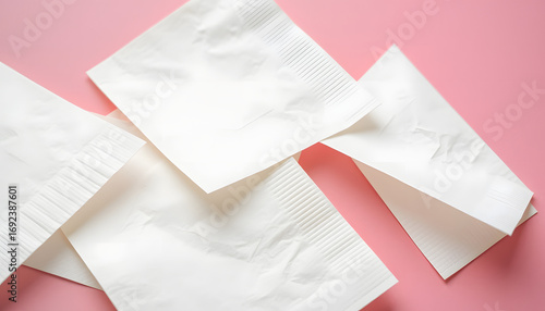 Paper napkins on pink background close up. White tone
