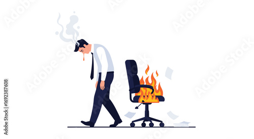 Exhausted businessman walking away from burning office chair with papers flying