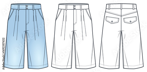 Knee-length pleated Shorts with back flap pockets technical fashion illustration. Denim Shorts fashion flat technical drawing template, front and back view, white, blue, women, men, unisex CAD mockup.