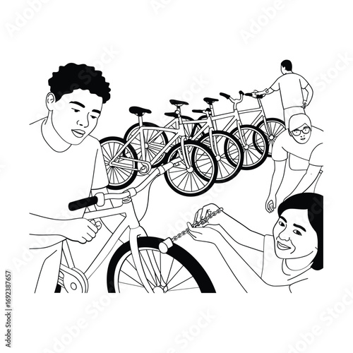 Diverse group of people working together to repair and maintain bicycles in a workshop setting outdoor scene white background