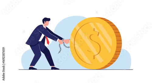 Man struggling to push a giant coin up a steep hill