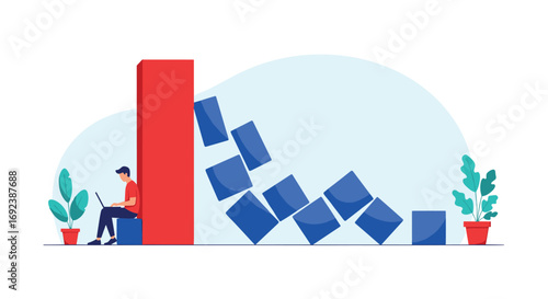 Man sitting on a laptop analyzing a falling bar chart concept of business decline and financial crisis during recession